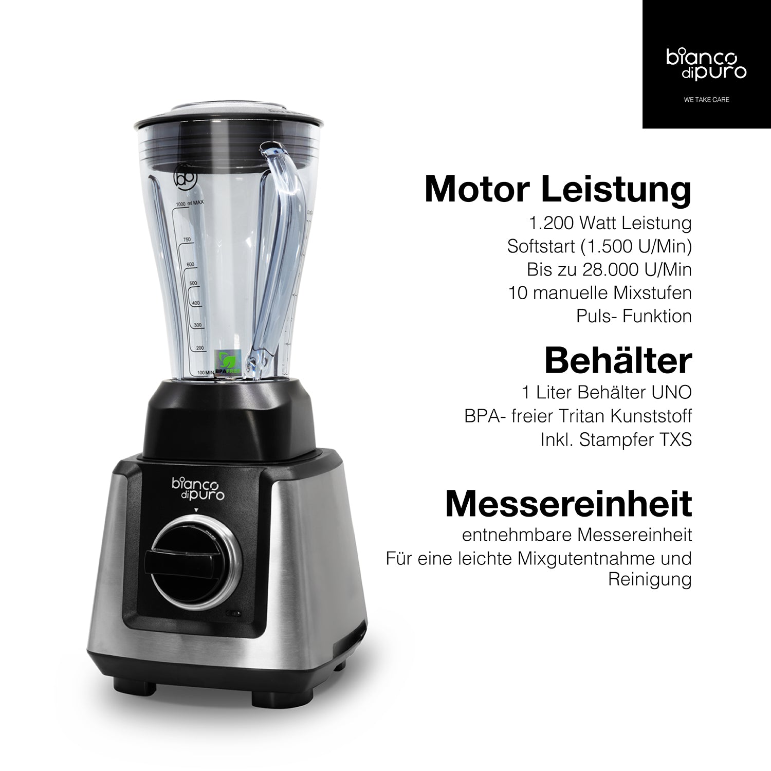 bianco-di-puro-primo-u-standmixer-hochleistungsmixer-mit-1-liter-uno-beh-lter-we image 2