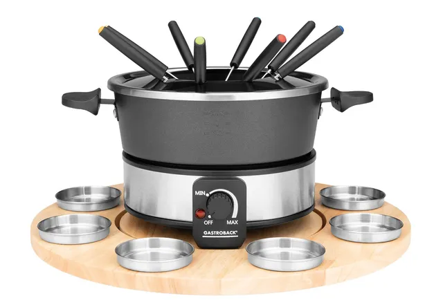 gastroback-42566-fondue-set-mit-drehteller-1-8-l-1000-watt-schwarz-silber image 1