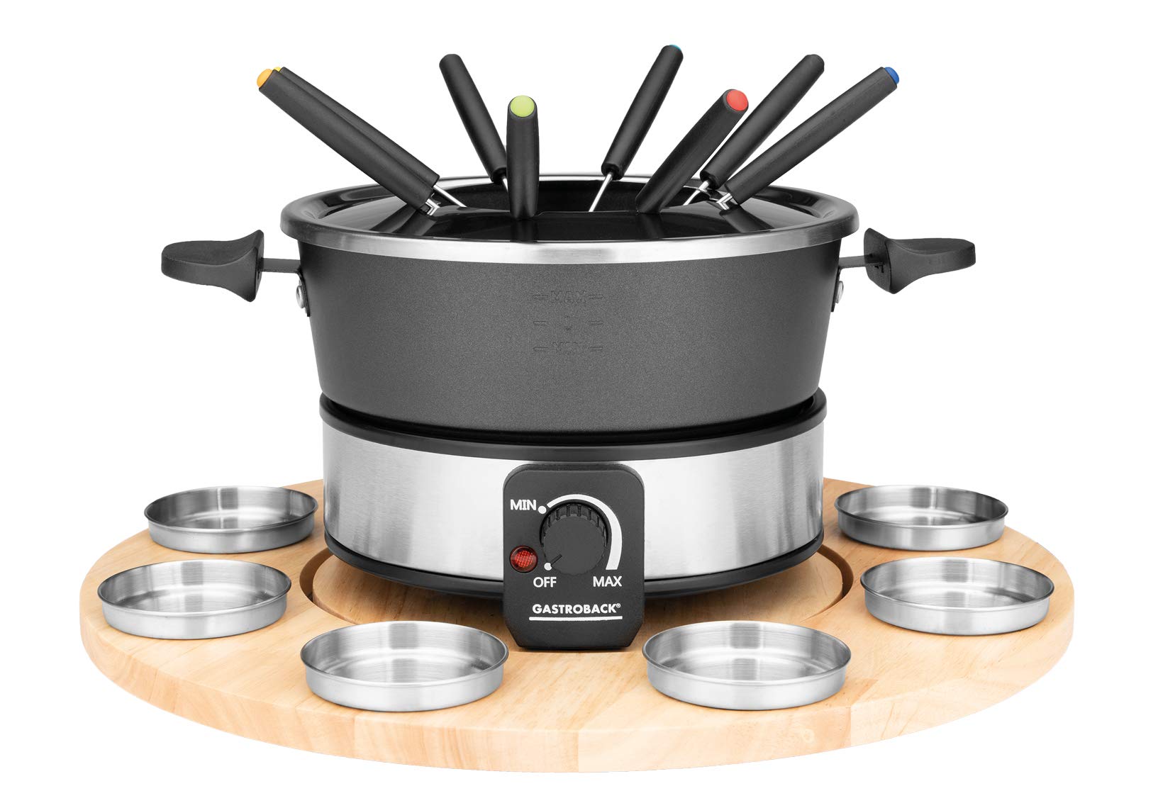 gastroback-42566-fondue-set-mit-drehteller-1-8-l-1000-watt-schwarz-silber image 1